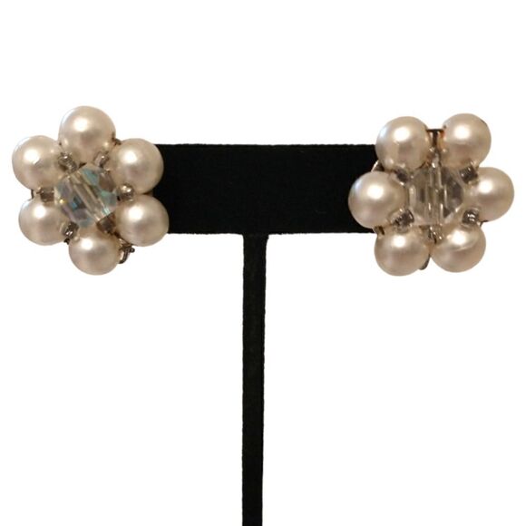 AB Crystal Cluster Earrings Bead JAPAN Faux Pearl Clip-On MCM Aurora Borealis. - Picture 3 of 16